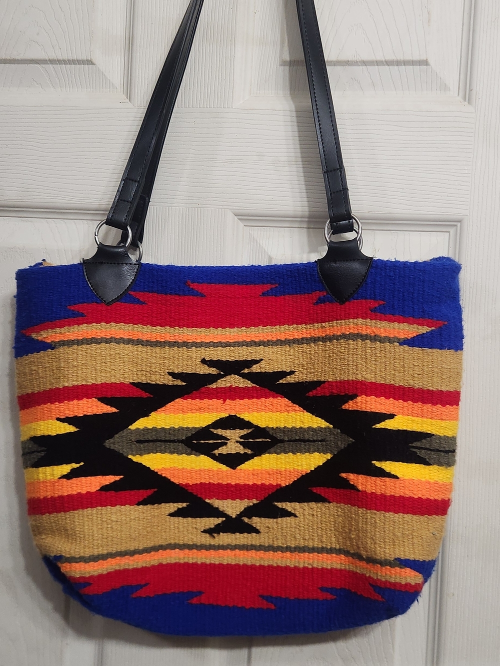 Boho Aztec Woven Shoulder Bag in Blue, Red & Tan
